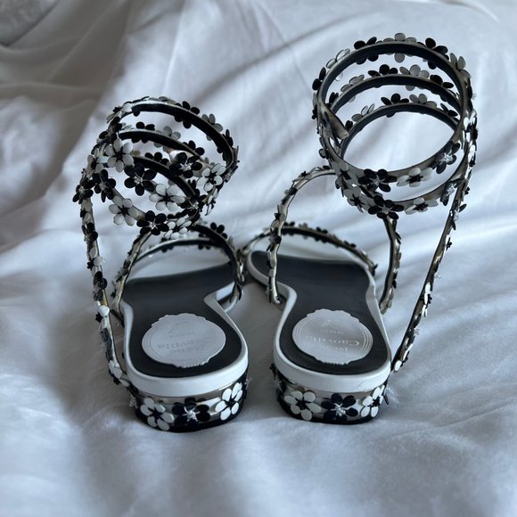 Rene Caovilla White Black Floral Strappy Flat Sandal Size EU38.5 US8.5 - Picture 7 of 16